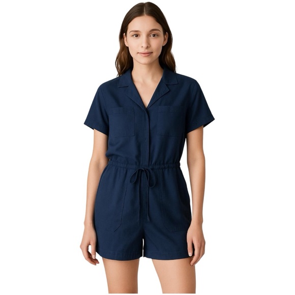 Adyson Parker Utility Linen Blend Romper Jumpsuit Shorts Size Large L Blue Navy - Picture 1 of 13